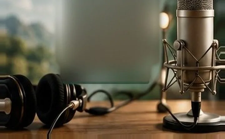 Podcast microphone and headphones on a desk